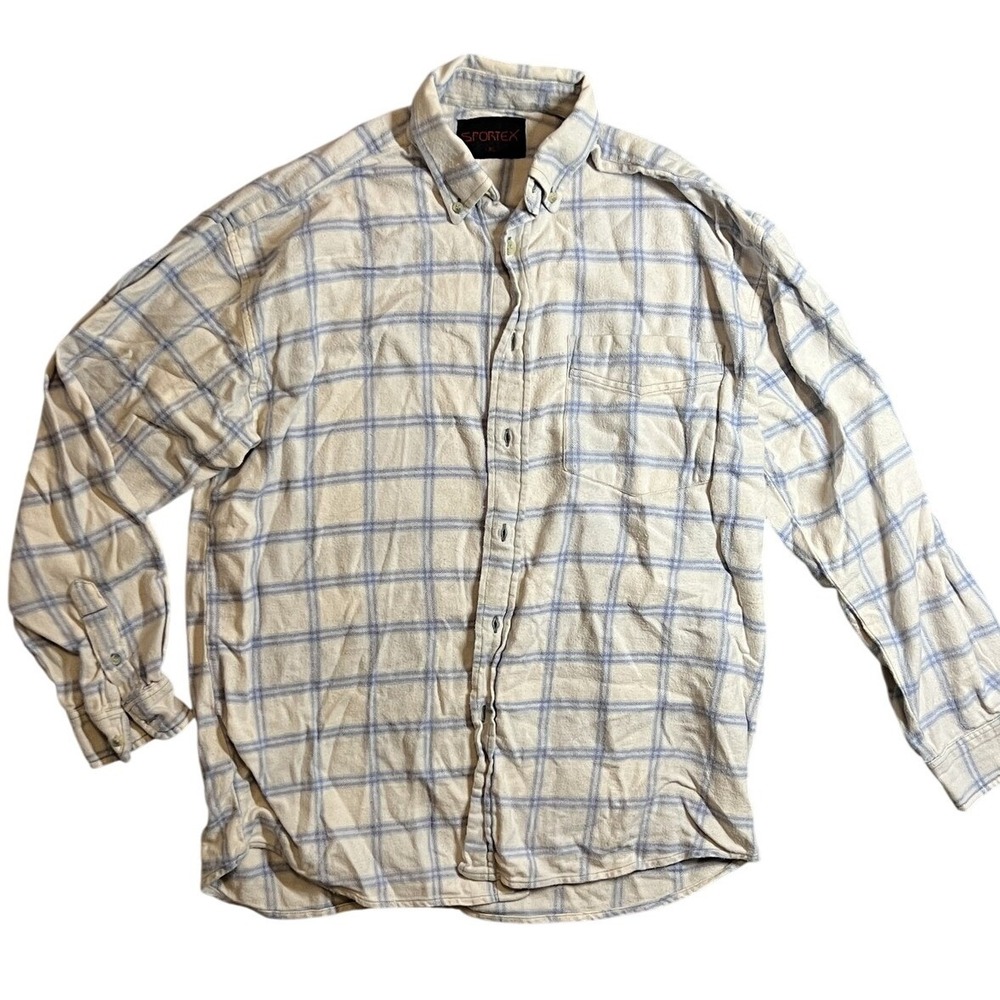 Sportex Men's‎ Flannel Casual Button-Down Shirt Size XL White Blue Plaid Cotton